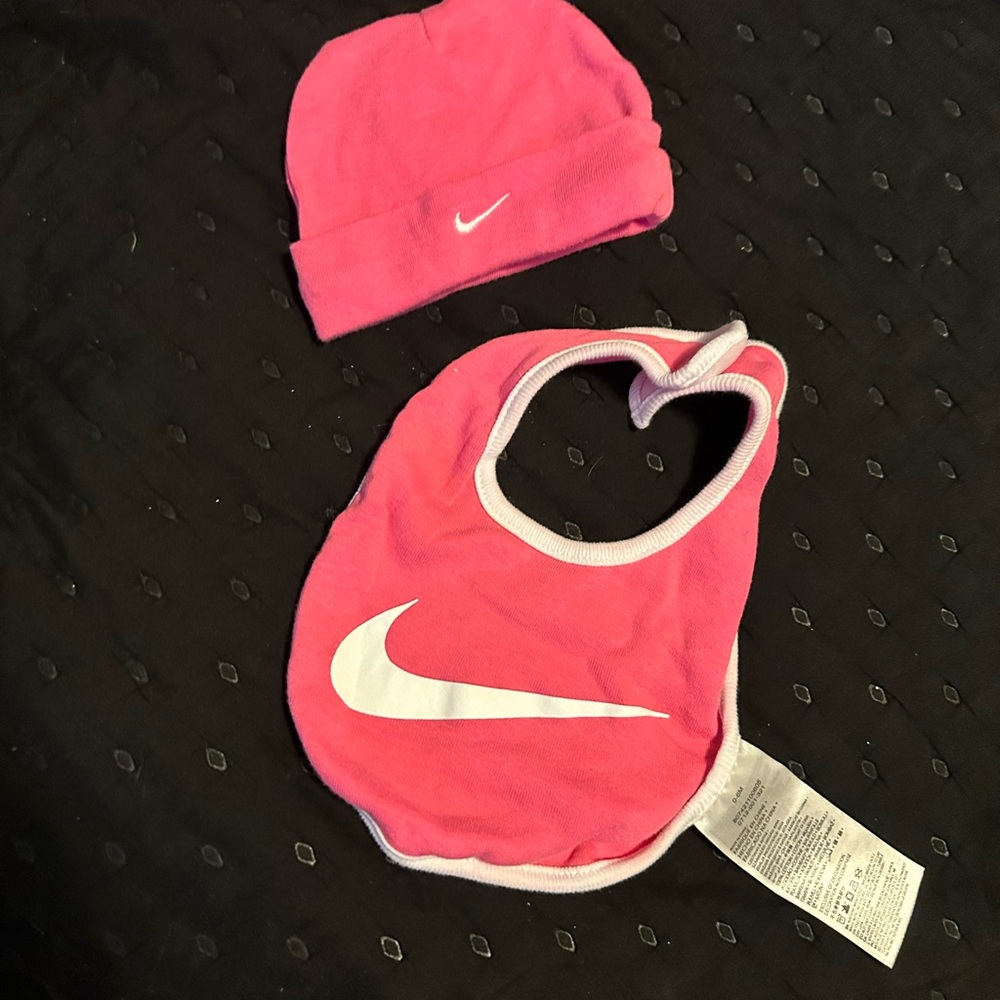 Nike Pink Baby Bib and Hat Set